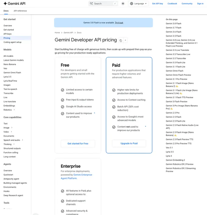 The Gemini API pricing page as it appeared on 16 September 2026.