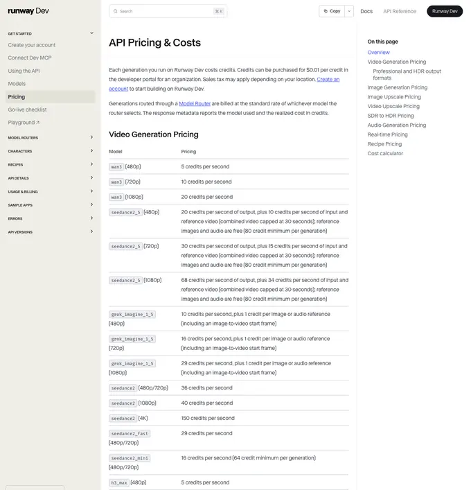 The Runway developer pricing guide as it appeared on 16 September 2026.