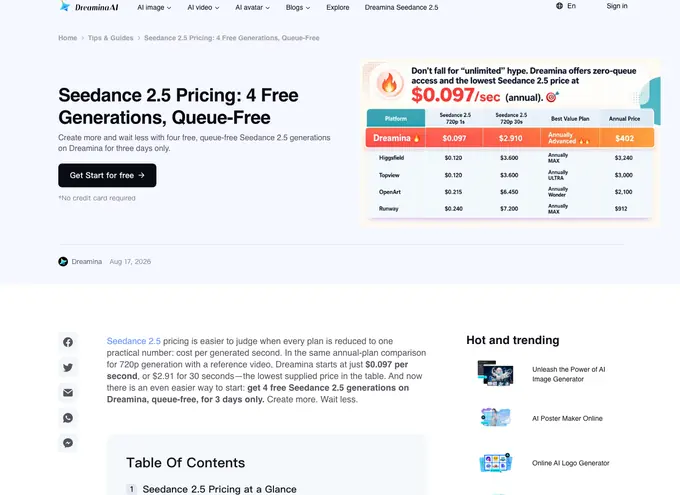 The Dreamina Seedance pricing page as it appeared on 16 September 2026.