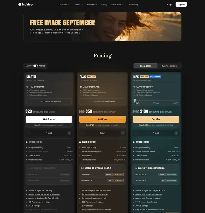 The invideo AI pricing page as it appeared on 16 September 2026.