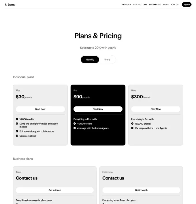 The Luma plans page as it appeared on 16 September 2026.