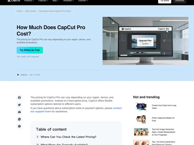 The CapCut help article about Pro pricing as it appeared on 16 September 2026.