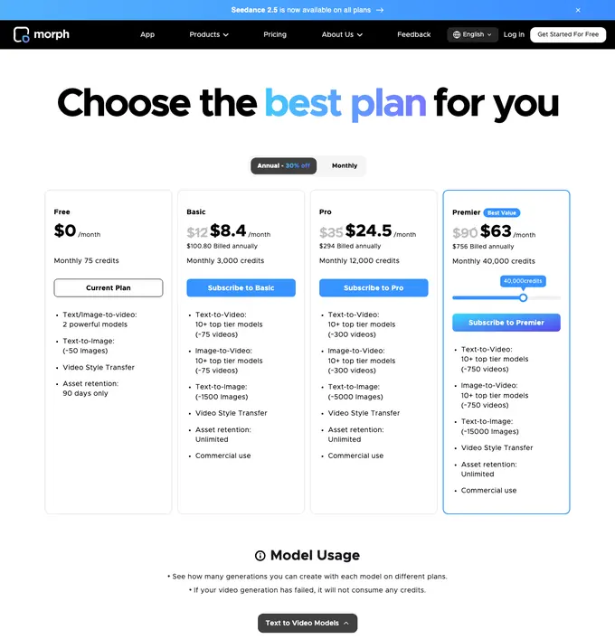 The Morph Studio plans page as it appeared on 16 September 2026.
